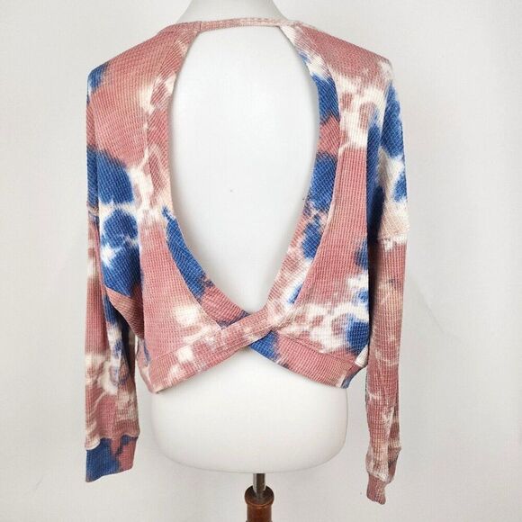 CLOUD CHASER Tie Dye Waffle Knit Long Sleeve Cozy Crop Top Open Back Womens M - Picture 4 of 7